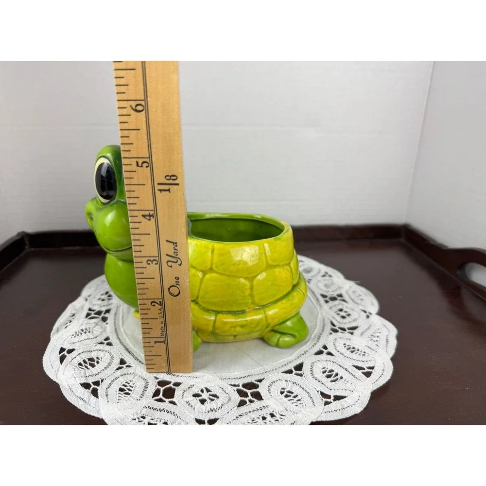 Vintage Ceramic Turtle Planter Green Yellow Anthropomorphic Tortoise Figurine - Picture 2 of 10